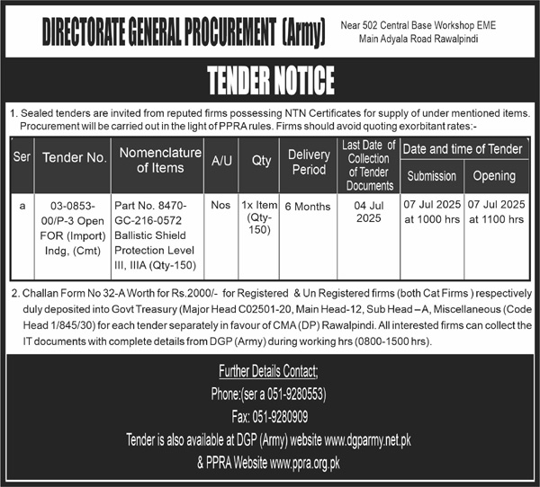 Pakistan Army Rawalpindi Tender Notice